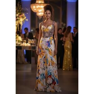 Vintage Terani Beaded Silk Gown Sea Shell Mesh Cutout Evening Dress XXS  XS Gown